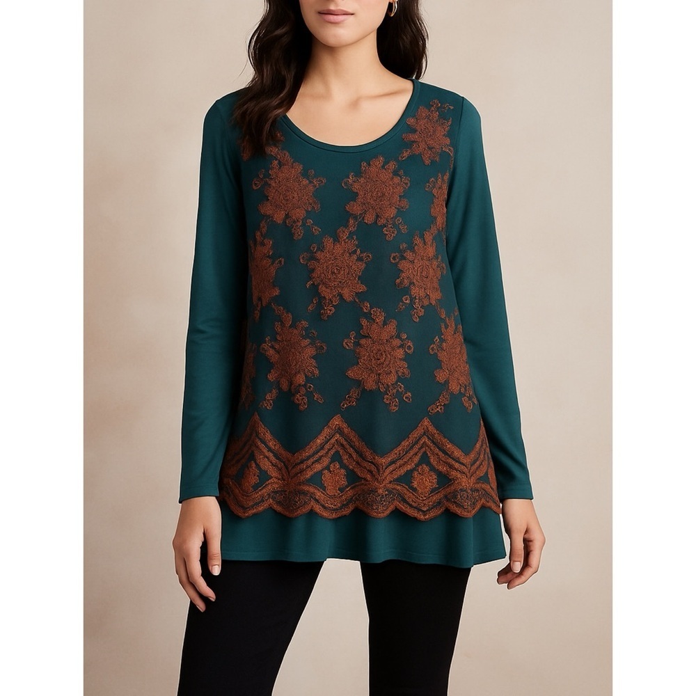 LOGO Lavish Teal Brown Lace Embroidered Tunic Top Boho Whimsigoth Lagenlook L